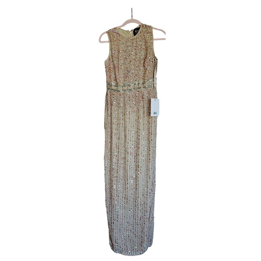Mac Duggal Sequined High Neck Sleeveless Maxi Gown - Nude/Gold Size 2 NWT - Picture 2 of 13